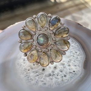 Giant Labradorite Southwest Flower Sterling Plated Ring
